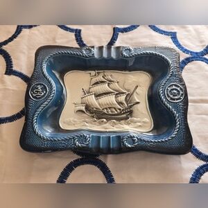 MCM Vintage Nautical 3D Schooner Ashtray Blue Ceramic Glazed - Japan